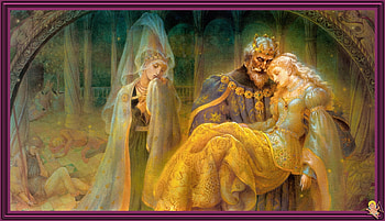 Sleeping Beauty, father, girl, illustration, kinuko y craft, parents, art, people, fantasy, yellow, mother HD wallpaper