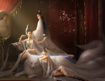 The White Fox, frumusete, white, art, man, gorgeous, girl, fox, superb, fantasy, couple, luminos, jianyachi l HD wallpaper