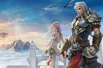 A view from above the clouds, birds, armour, pink hair, white hair, clouds, sky, mountains, duo, male, warrior, female HD wallpaper