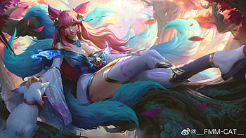 Ahri, blue, pink, fantasy, fmmcat, girl, fmm cat, fox HD wallpaper
