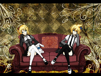 Opposites Attract, musical notes, stuffed animals, blonde, twins, couch, vocaloid, sitting, anime, len and rin kagamine, little crowns HD wallpaper