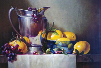 Reflections, table, lemons, stainless, pitcher, grapes, cloth, bowl, twig HD wallpaper