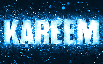 Happy Birtay Kareem, , blue neon lights, Kareem name, creative, Kareem Happy Birtay, Kareem Birtay, popular american male names, with Kareem name, Kareem HD wallpaper