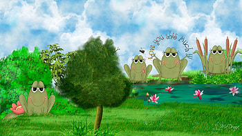 Four Fantastic Frogs, firefox persona, grass, spring, summer, frogs, water lilies, trees, cat tails, sky, lily pond HD wallpaper