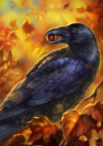 Art, Leaves, Bird, Beak, Crow, Acorn HD phone wallpaper