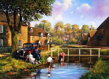 Sunday Stroll, artwork, river, painting, family, car, house, bridge HD wallpaper