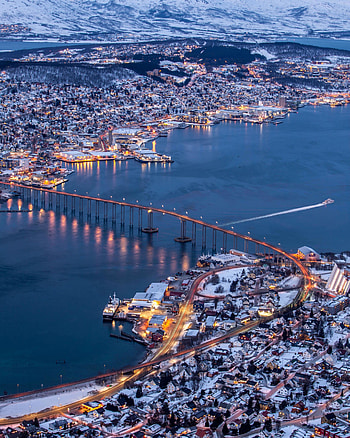 Aerial view, city bridge, Tromsø, sunset HD phone wallpaper