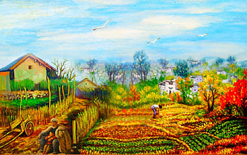 Farm, colorful, art, painting HD wallpaper