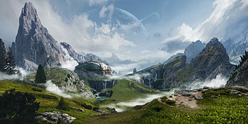 Quad Sci‑Fi Landscape — Celestial Valley, Sci Fi, landscape HD wallpaper