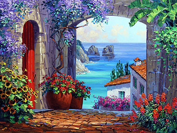 Colors of Capri, houses, artwork, sea, painting, mediterranean, flowers, rocks HD wallpaper