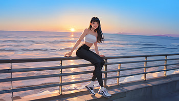 Asian Girl At Beach, anime-girl, anime, asian, girl, sunset, ocean, sea, artist, artwork, art, digital-art, ai, deviantart HD wallpaper