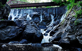 Landscape, Nature, Rivers, Grass, Waterfall, Bridge HD wallpaper