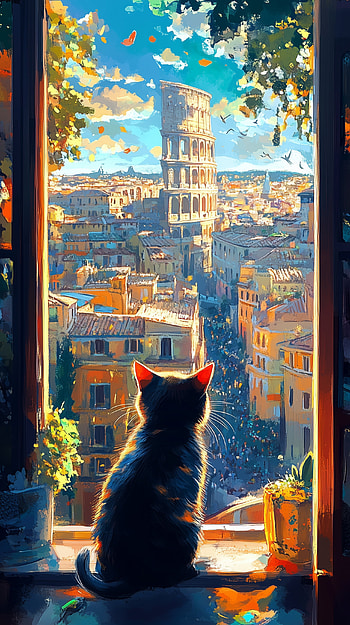 Black Cat Overlooking Rome - Artistic Landscape , cat, Black Cat, landscape, painting, artistic HD phone wallpaper