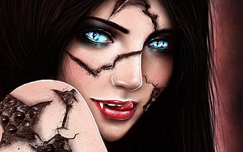 Cassiopeia, blue, snake, art, brunette, eyes, girl, woman, fang, pink, fantasy, red, face, league of legends, tongue HD wallpaper