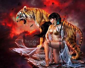 Intruder, animal, tiger, esther puche art, archer, girl, orange, fantasy, red, amazon, luminos, bow HD wallpaper