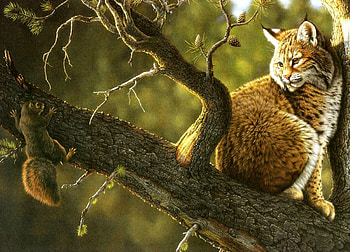 Squirrel and lynx, animal, squirrle, art, cat, wild, orange, tree, pisica, branch, lynx, painting, pictura, green, luminos HD wallpaper