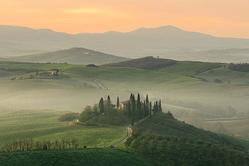 Landscape, Nature, Trees, Mountains, Fog, House HD wallpaper