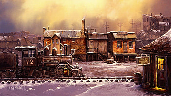 Railway Station, winter, artwork, Locomotive, snow, building HD wallpaper