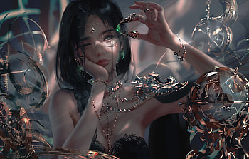 girl, fantasy, green eyes, brunette, digital art, artwork, princess, fantasy art, jewelry, fantasy girl, bare shoulders, Ghost blade, Wlop, emeralds, monocle for , section фантастика, Ghost Digital Art HD wallpaper