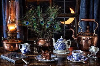 Still life, Peacock feathers, Window, Lamp, Cup, Suger HD wallpaper