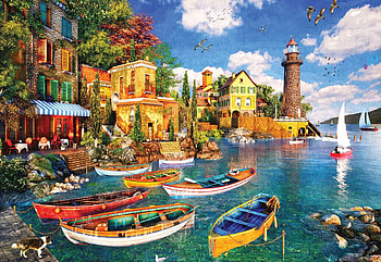 Mediterranean Harbor, houses, boats, artwork, digital, lighthouse, trees, sky HD wallpaper