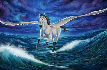 Pegasus, blue, sea, wings, white, horse, art, summer, purple, fantasy, luminos, water, vara, wave HD wallpaper