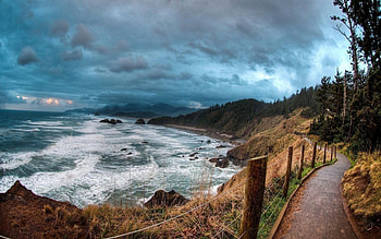 path over fabulous coasline, sea, waves, cliffs, coast, path, clouds HD wallpaper