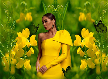 Elegant Yellow, yellow, green, bright, bold, flowers, dress, colorful, vibrant, elegant, butterflies, vivid HD wallpaper