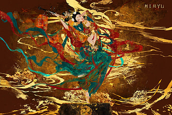 Dancer, niayu donhoang, fantasy, art, red, green, yellow, girl HD wallpaper