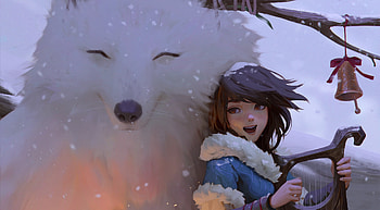 Winter, blue, white, dao le trong, art, horns, vulpe, girl, fox, wolf, daoletrong, fantasy, reindeer, iarna, lup HD wallpaper