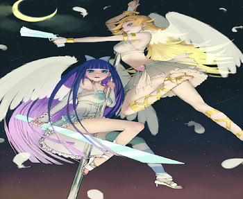 Panty and Stocking With Garterbelt, night, purple hair, angel, dress, feather, moon, anarchy panty, blonde hair, gun, female, sexy, wings, two girls, sword, hot, weapons, anime girls, play pole, star, anarchy stocking, cool HD wallpaper