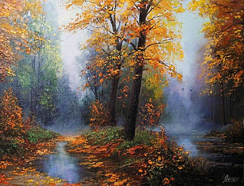 Foggy morning - Painting, morning, fallen leaves, weather, day, season, painting, foggy, artist, trees, autumn, art, leaves, yellow, nature, painter, sky, forest HD wallpaper