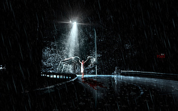 woman, angel, wings, rain, blood, road HD wallpaper