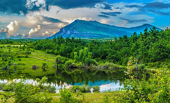 Mountain pond, landscape, clouds, sky, beautiful, grass, lake, mountain, pond HD wallpaper