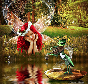 ~Sweet Magic Melody~, plants, digital art, melody, charm, butterflies, fantastic, animals, trees, pond, female, magic, beautiful, backgrounds, creative pre-made, lakes, fantasy, pretty, manipulation, models, girls, flowers, women, lovely, splendor HD wallpaper