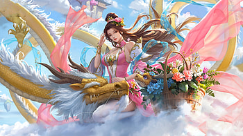 Dragon Family, lamamake, art, fantasy, dragon, flowers, girl, woman, , beautiful, digital HD wallpaper