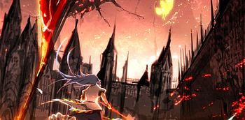 Meeting the fate, sword, Touhou, girl, Hinanawi Tenshi, anime, weapon, sky, fire, manga, warrior, female HD wallpaper