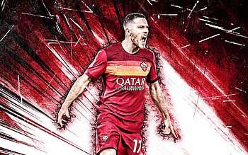 Jordan Veretout, grunge art, AS Roma, Serie A, French footballers, soccer, Jordan Marcel Gilbert Veretout, purple abstract rays, Roma FC, Jordan Veretout HD wallpaper