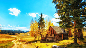 Just Before Spring, sky, house, trees, landscape, clouds, cabin HD wallpaper