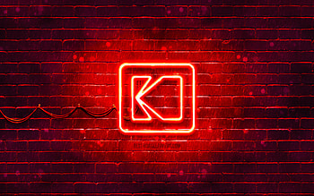Kodak red logo, , red brickwall, Kodak logo, brands, Kodak neon logo, Kodak HD wallpaper