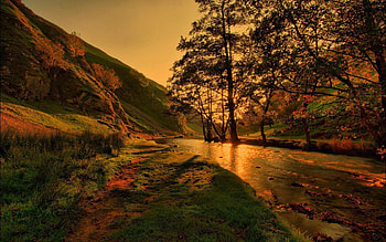Nature, Rivers, Trees, Mountains, Reflection, Beams, Rays, Illumination, Evening, Shadows, Lighting HD wallpaper
