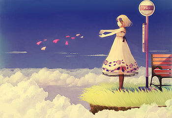the wait, clouds, bus stop, cute, grass, dress HD wallpaper