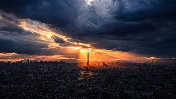Tokyo Cityscape at Sunset - with Sunlight Rays, graphy HD wallpaper