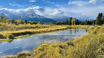 Grand Teton National Park Schwabacher’s Landing, river, landscape, clouds, sky, snake river, mountains, usa, wyoming HD wallpaper