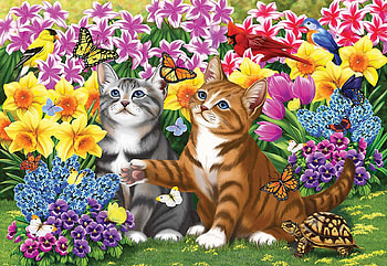 Come and Play, cats, flowers, painting, blossoms HD wallpaper