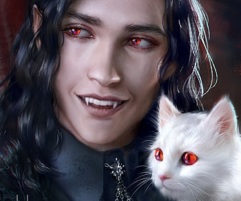 Vampire with white cat (detail), frumusete, white, art, helena cnockaert, eyes, gorgeous, cat, vamoire, halloween, superb, pisici, fantasy, red, face, luminos HD wallpaper