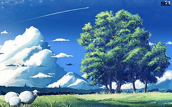 land, sheep, landscape, clouds, trees, sky, grass, forest HD wallpaper