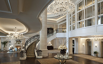 Luxury interior design, Wooden floor, Pendant lighting, Staircase centerpiece HD wallpaper