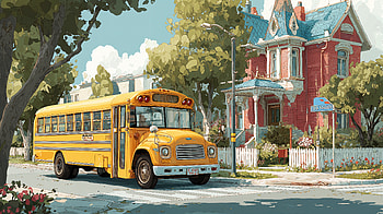 School Bus Scene, school bus, house, tree HD wallpaper