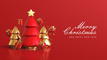 Golden Red Christmas Tree Gift Boxes Star Red Background Christmas HD wallpaper